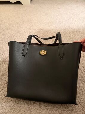 Coach Black Leather Tote with Gold Turnlock Accent
